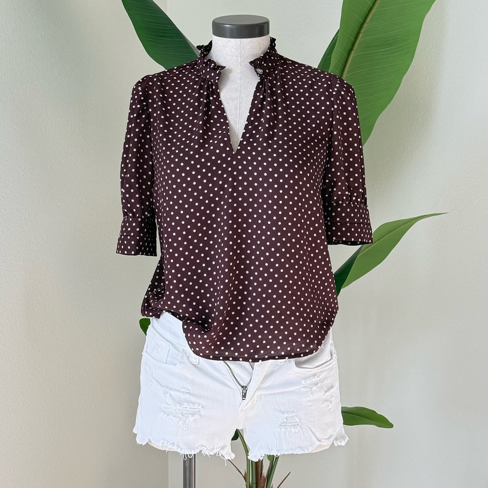 Polka Dot V-Neck Short Sleeve Blouse - Maroon